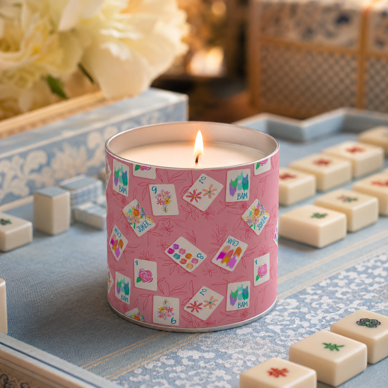 Pink Mahjong Tile Candle – White Tea & Mint