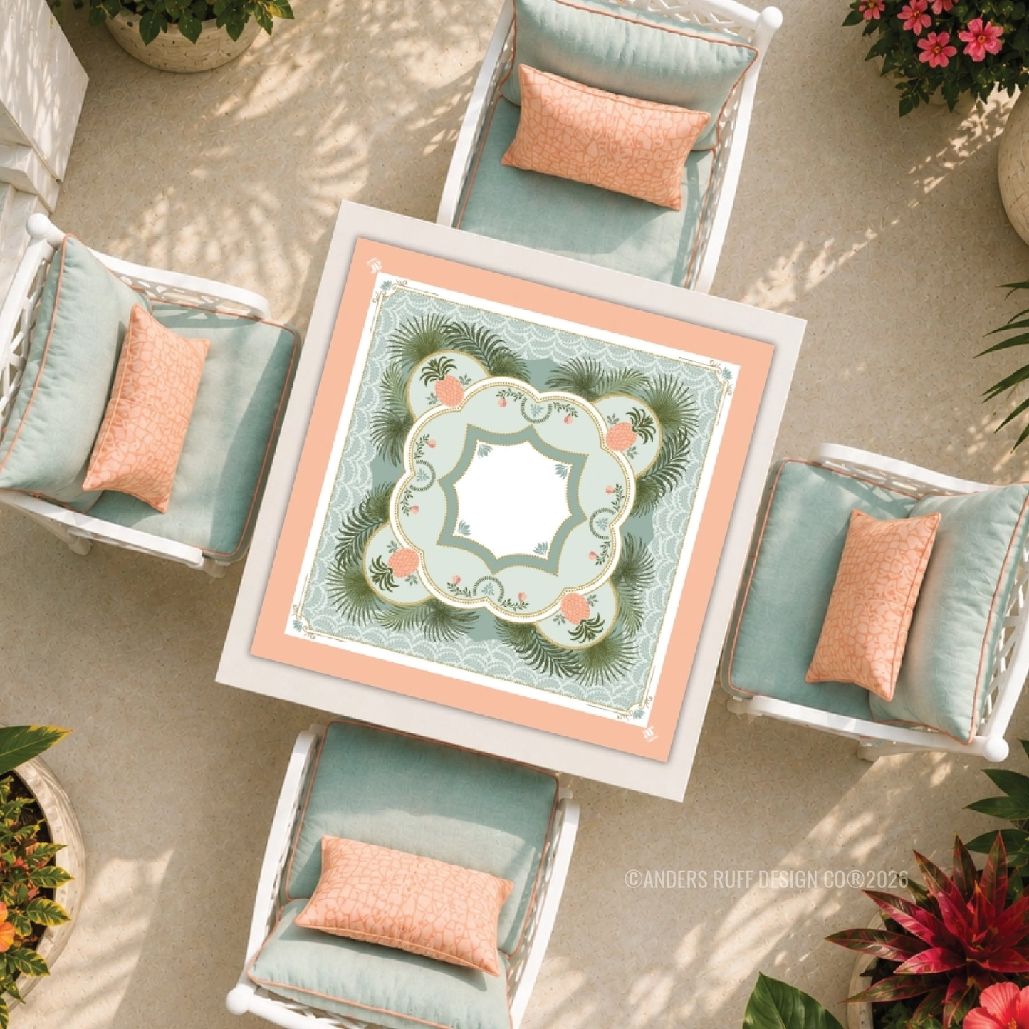 Pineapple Palms mahjong mat styled on an outdoor game table with aqua and coral patio seating