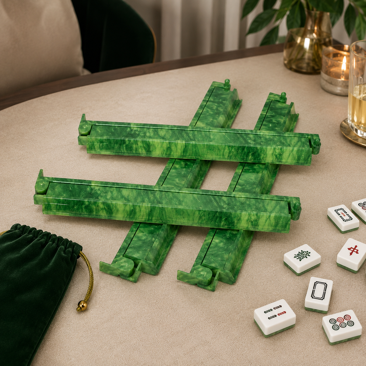 Green Marble Mahjong Rack with Pushers