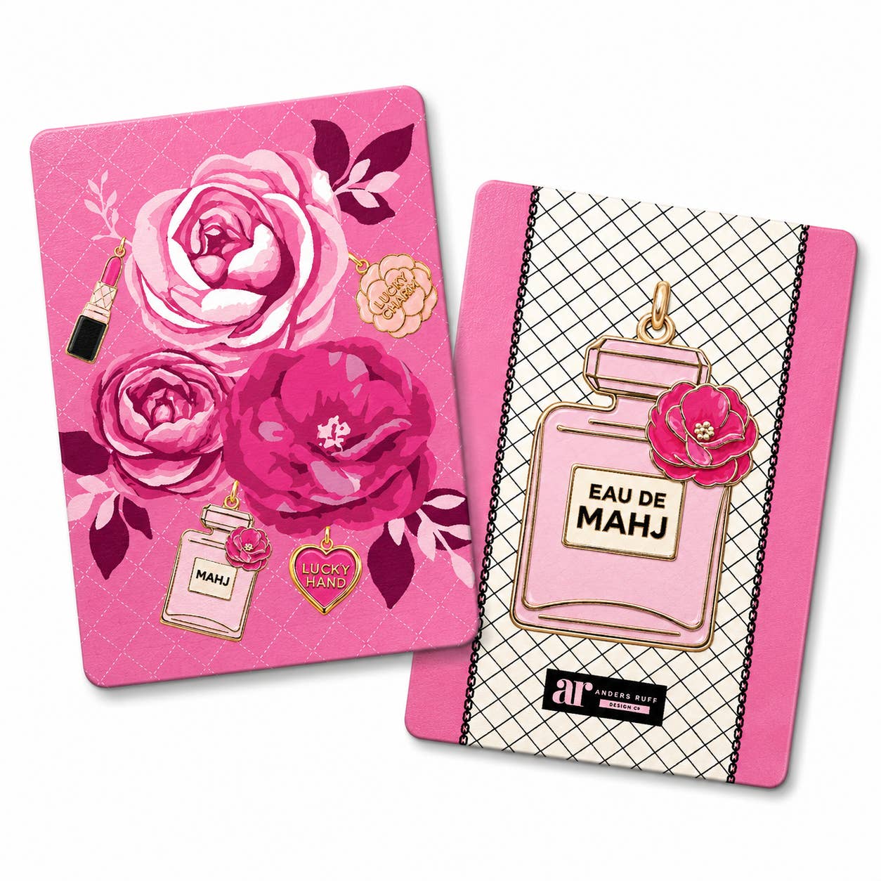 Eau de Mahj mahjong tile shufflers — hot pink rose card with gold charms and cream perfume bottle card