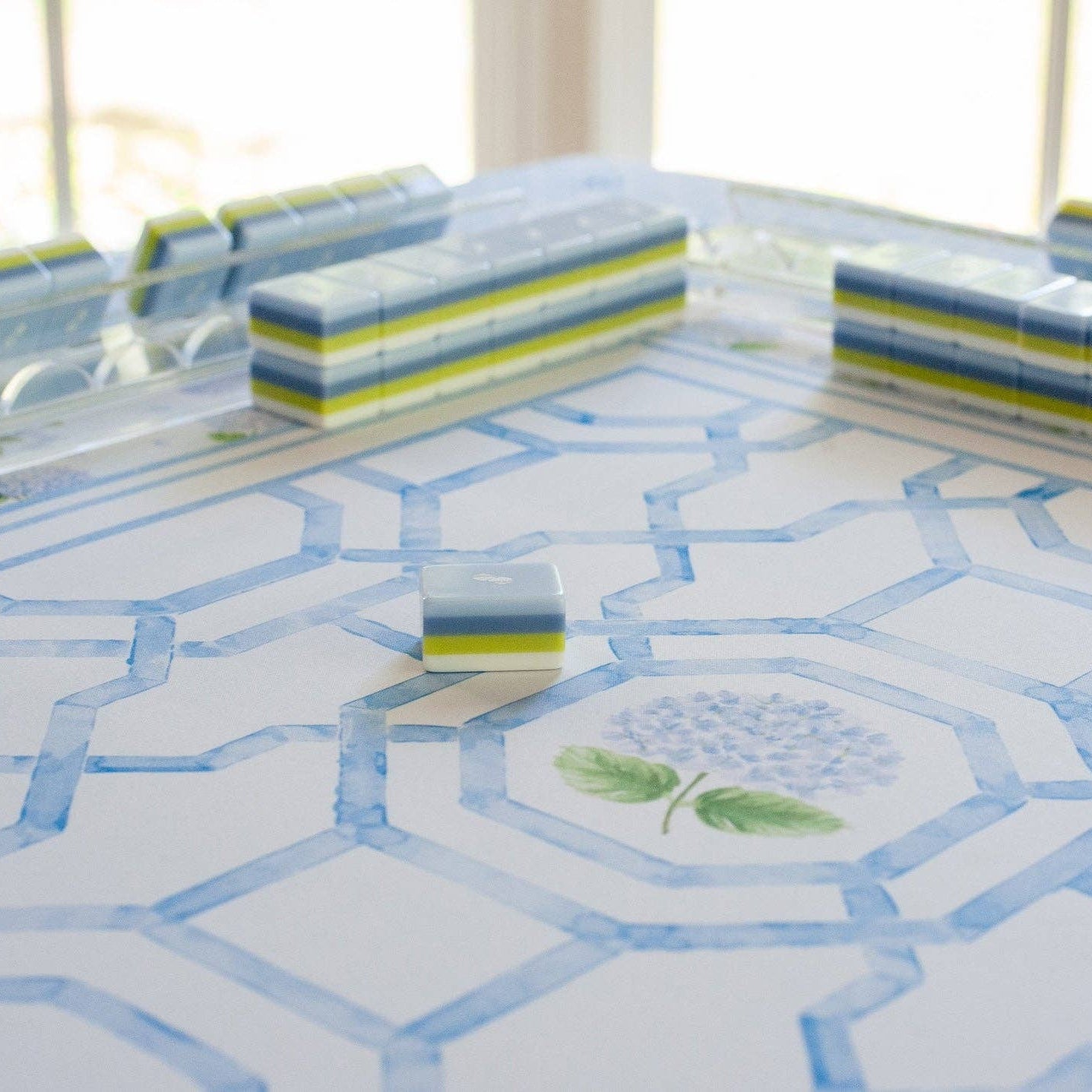 House of Hydrangea mahjong tile walls built on the blue and white hydrangea mat