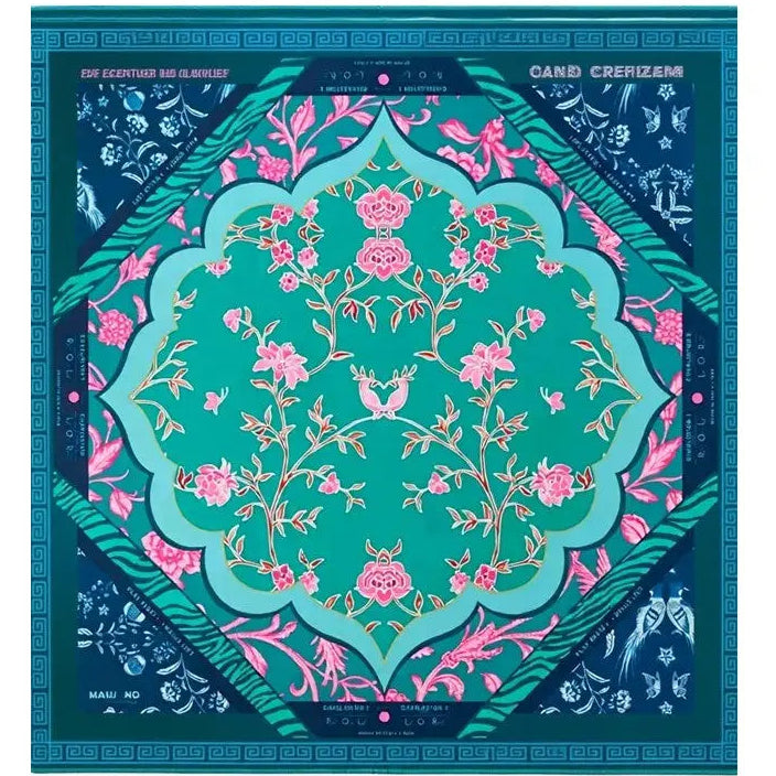 Teal American mahjong mat with pink botanical florals in a central medallion, decorative geometric border, and corner floral panels