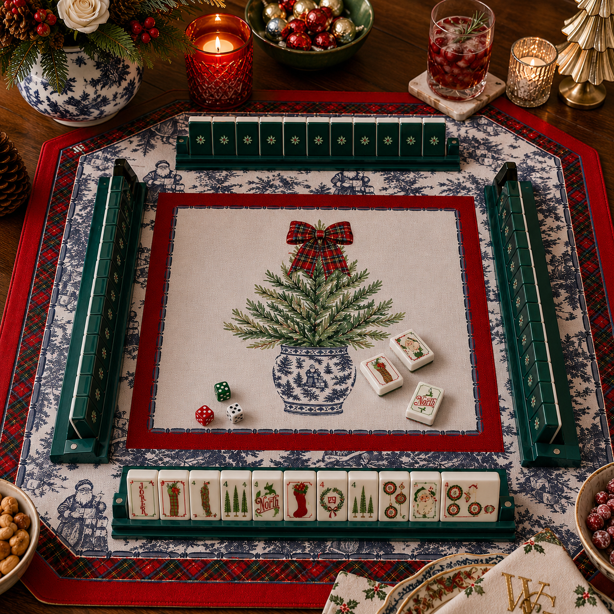 The Christmas Toile Mahjong Table | Holiday Mahjong Bundle