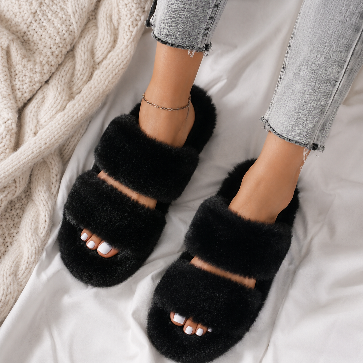 Cloud Fur Double Strap Slippers