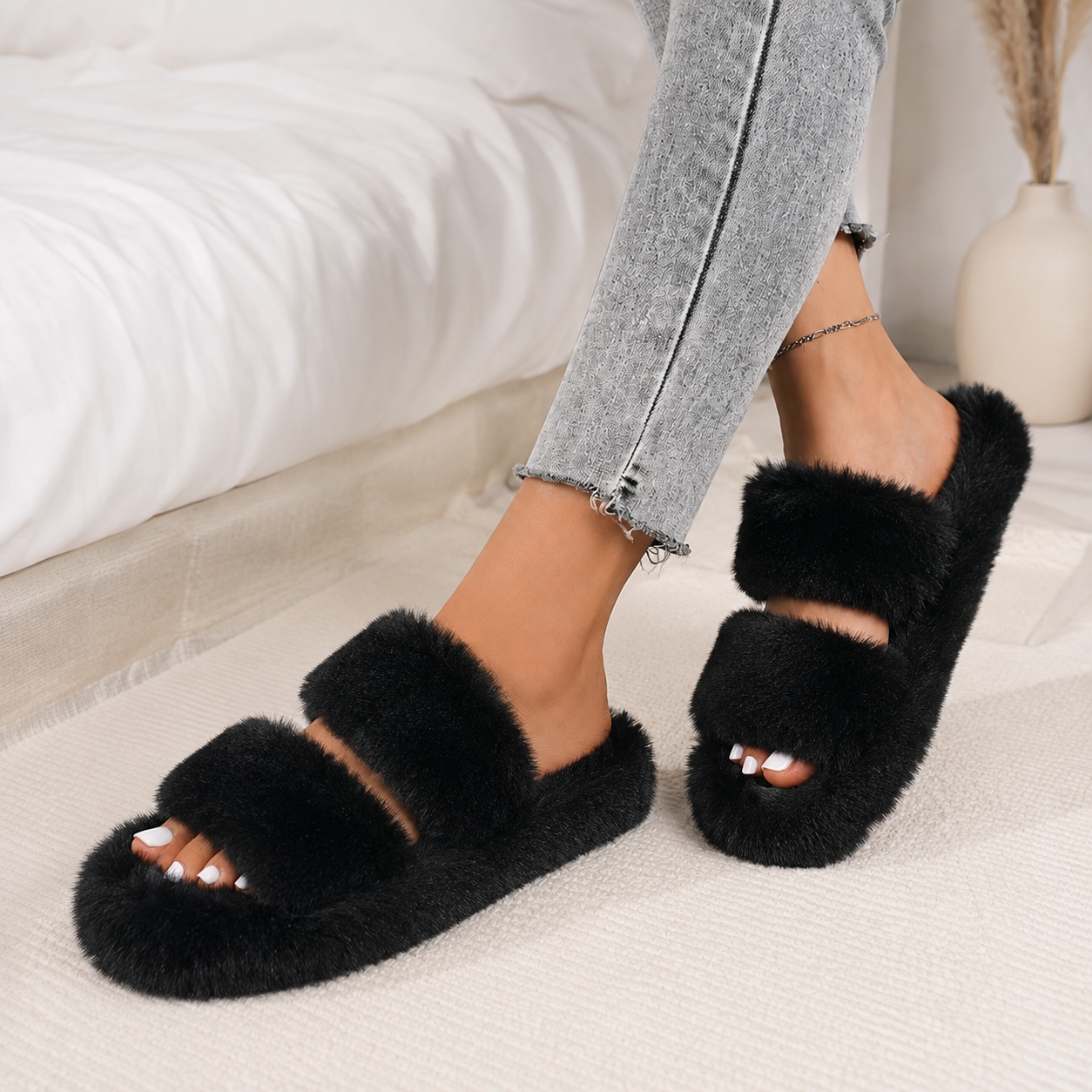 Cloud Fur Double Strap Slippers