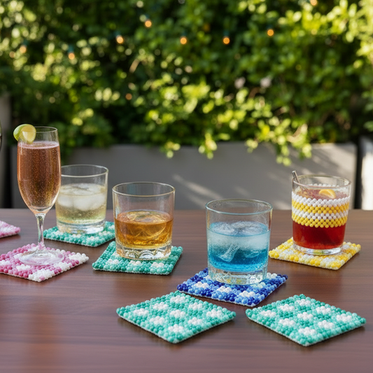 beaded coasters in blue turquoise pink and yellow