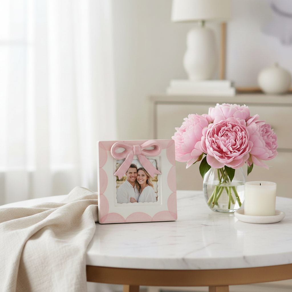 Hazel Mazel Stoneware Frame - 3D Pink + White Bow