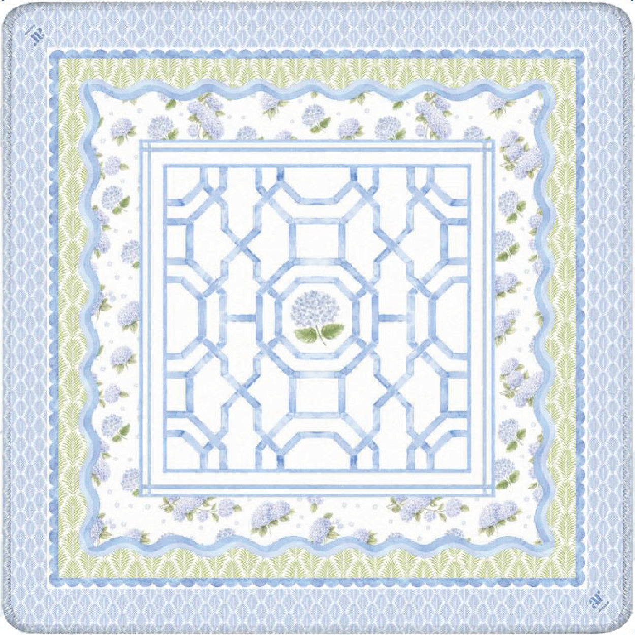 The House of Hydrangea Mahjong Mat — blue and white lattice mahjong game mat with hydrangea florals and scalloped borders