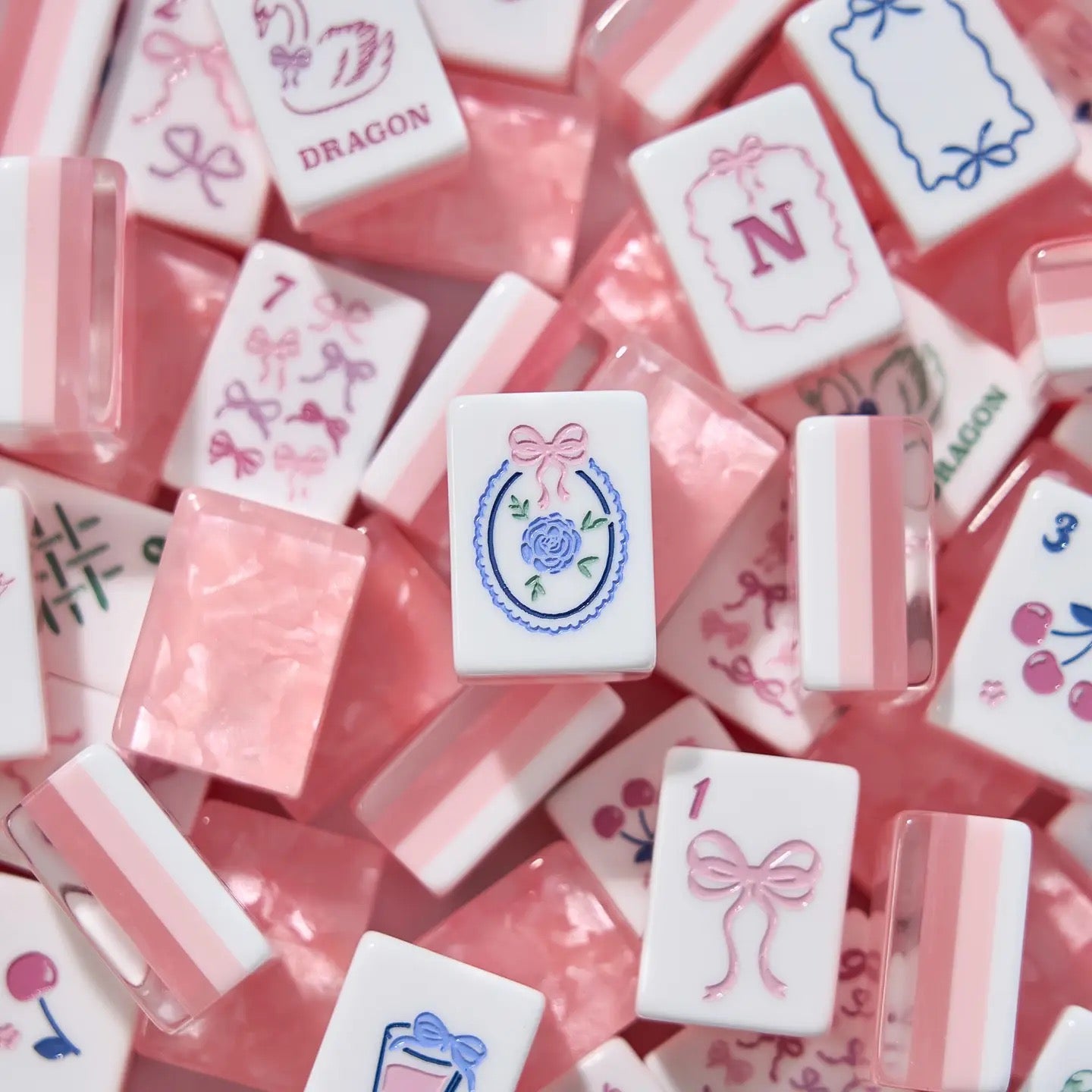 Ballet Pink mahjong tile set — pink pearl acrylic tiles with hand-painted bows, cherries and swan dragon