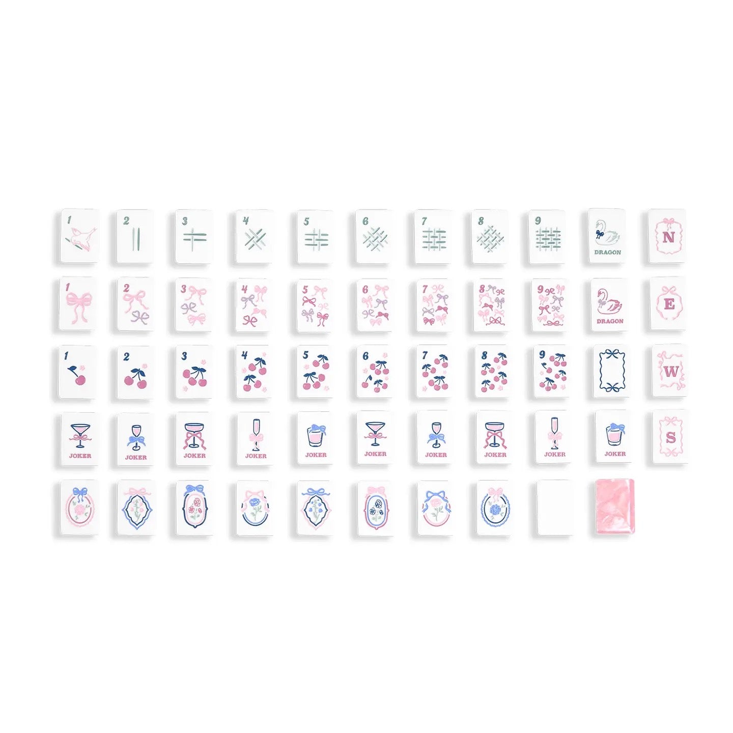 Ballet Pink American mahjong tiles — close-up of engraved, hand-painted artwork