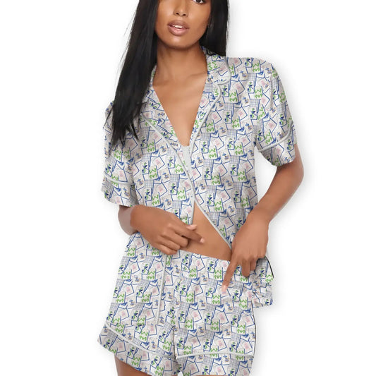 Mahjong Pajama Short Set - Blue Tiles