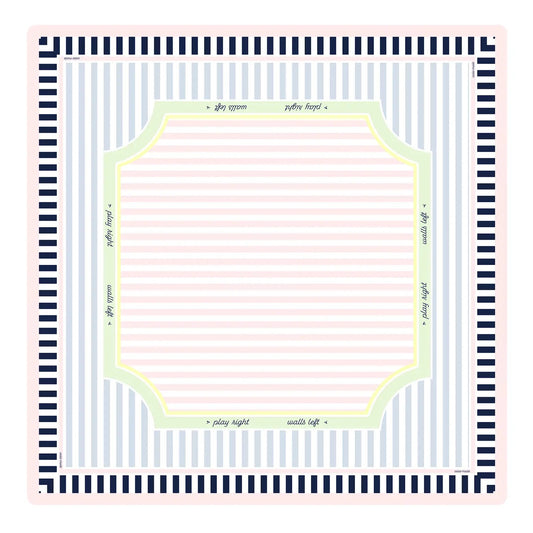 Cabana Stripe mahjong mat — pastel and navy stripes with printed play guides
