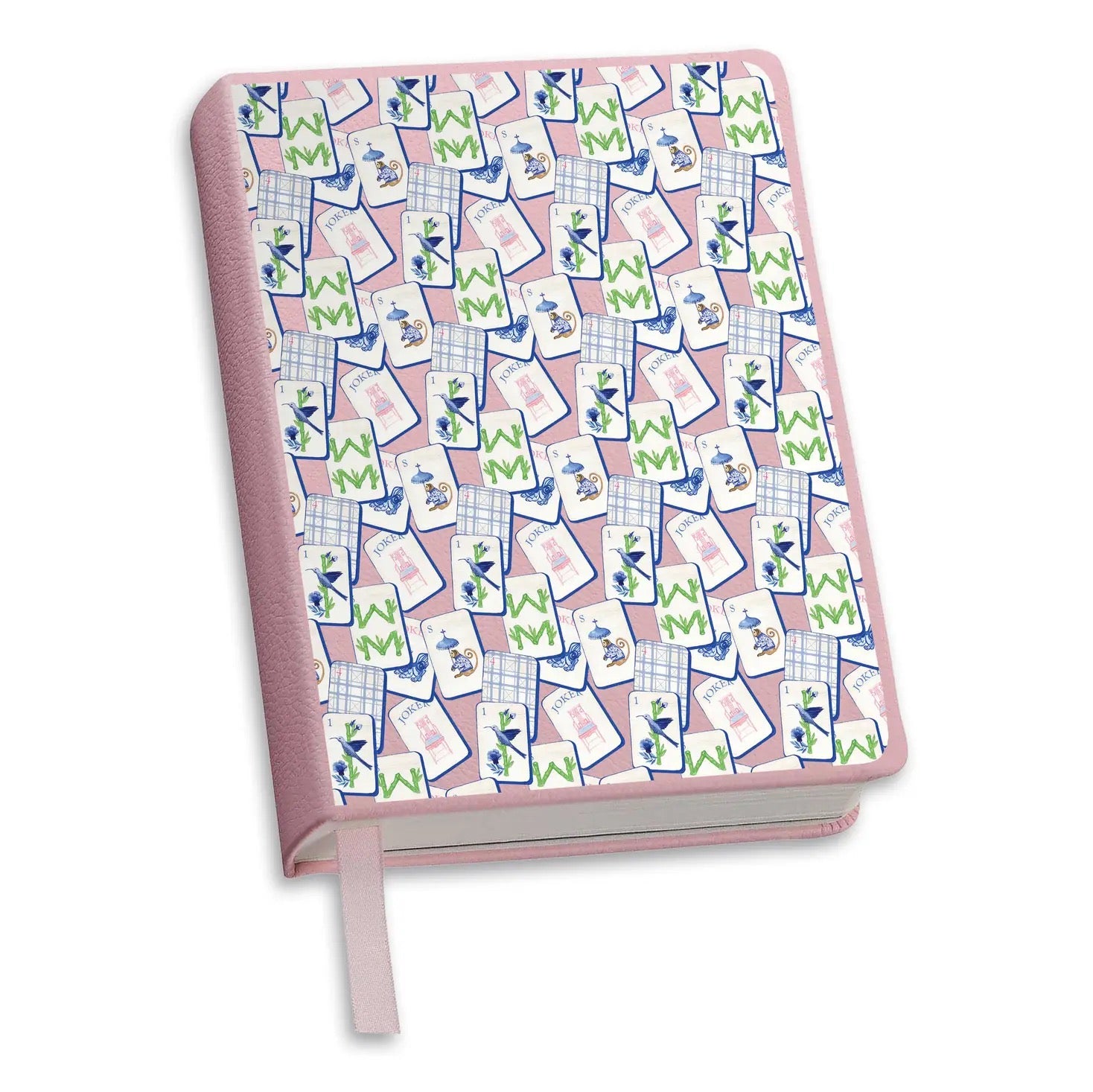 Mahjong Journal — pink vegan leather journal with illustrated mahjong tile pattern cover