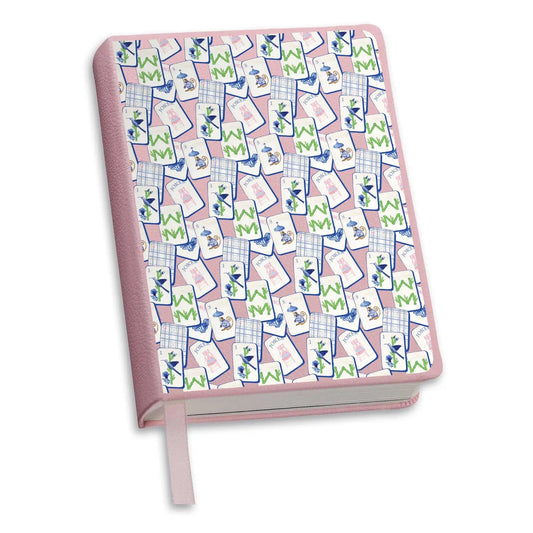 Mahjong Journal — pink vegan leather journal with illustrated mahjong tile pattern cover
