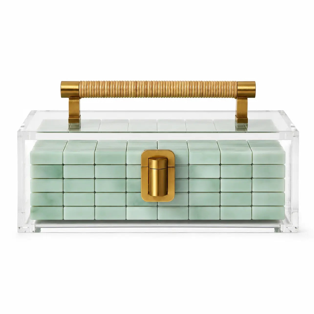 Brass and Raffia mahjong tile display case — clear acrylic case with raffia handle and brass turn-lock, holding green tiles