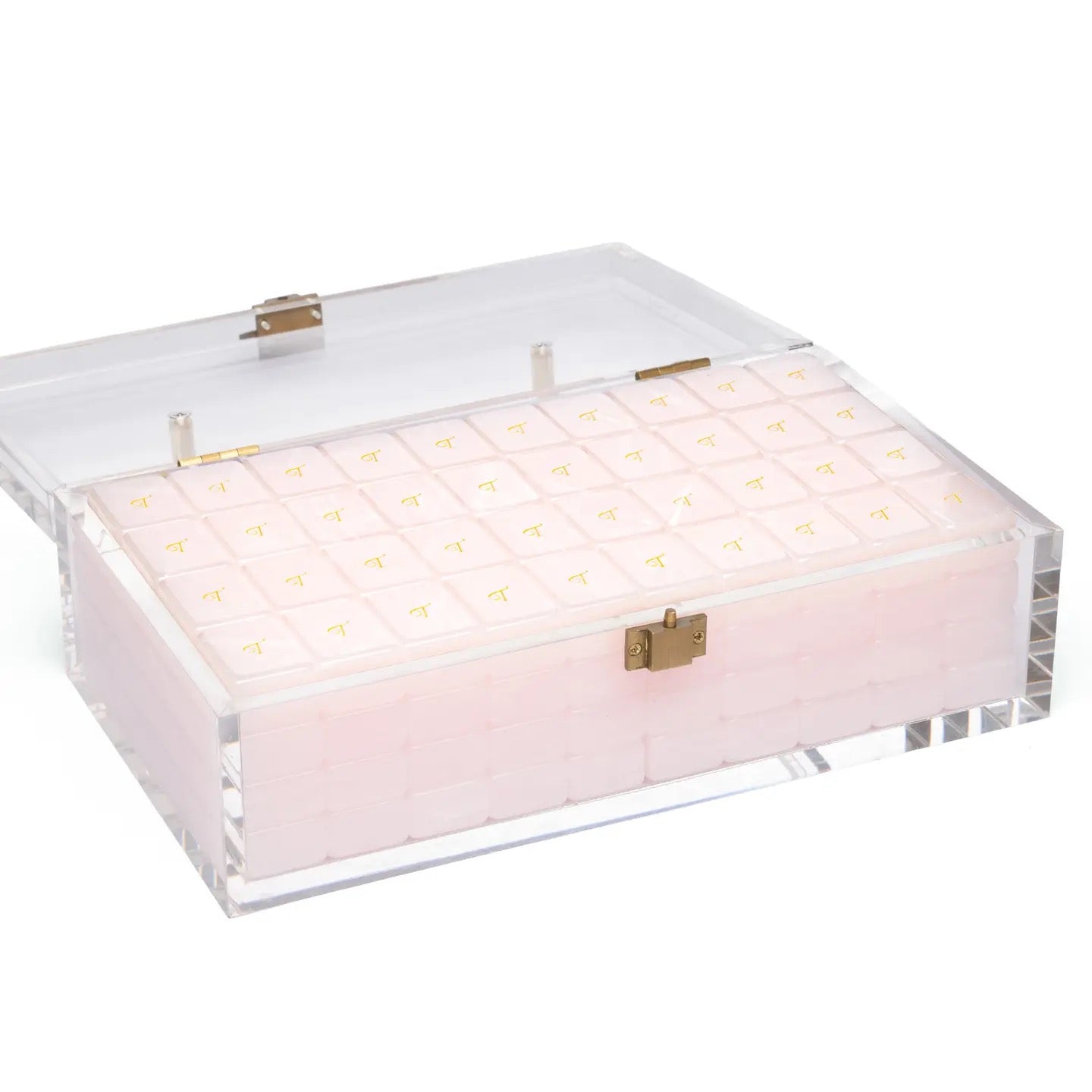 Mahjong tile display case open with pink tiles inside — clear acrylic storage for a full tile set