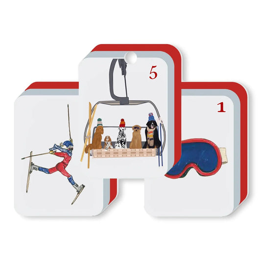 Ski mahjong tile Christmas ornament — skier and ski lift design, 4 x 3 inch