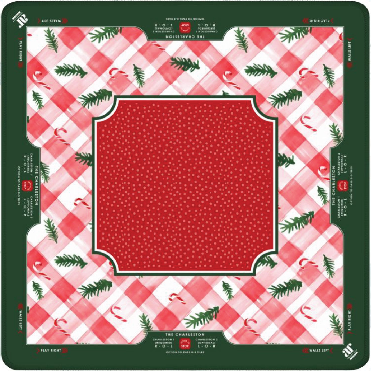 Candy Cane Lane Christmas Mahjong mat with pink gingham, candy canes, evergreen sprigs and red center