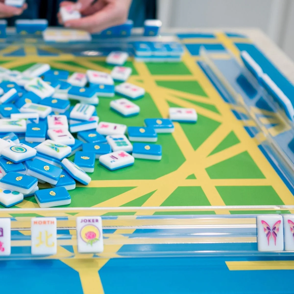 The Garden mini travel mat in turquoise and yellow — 21 x 21 reversible mahjong mat