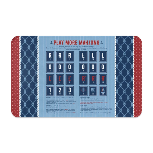 Harbor House solo play mahjong mat — coastal-blue nautical design with rope knots and red anchors