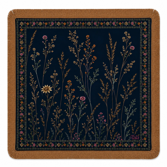 Midnight Wildflowers mahjong mat with camel fringe — dark floral vegan-leather mat