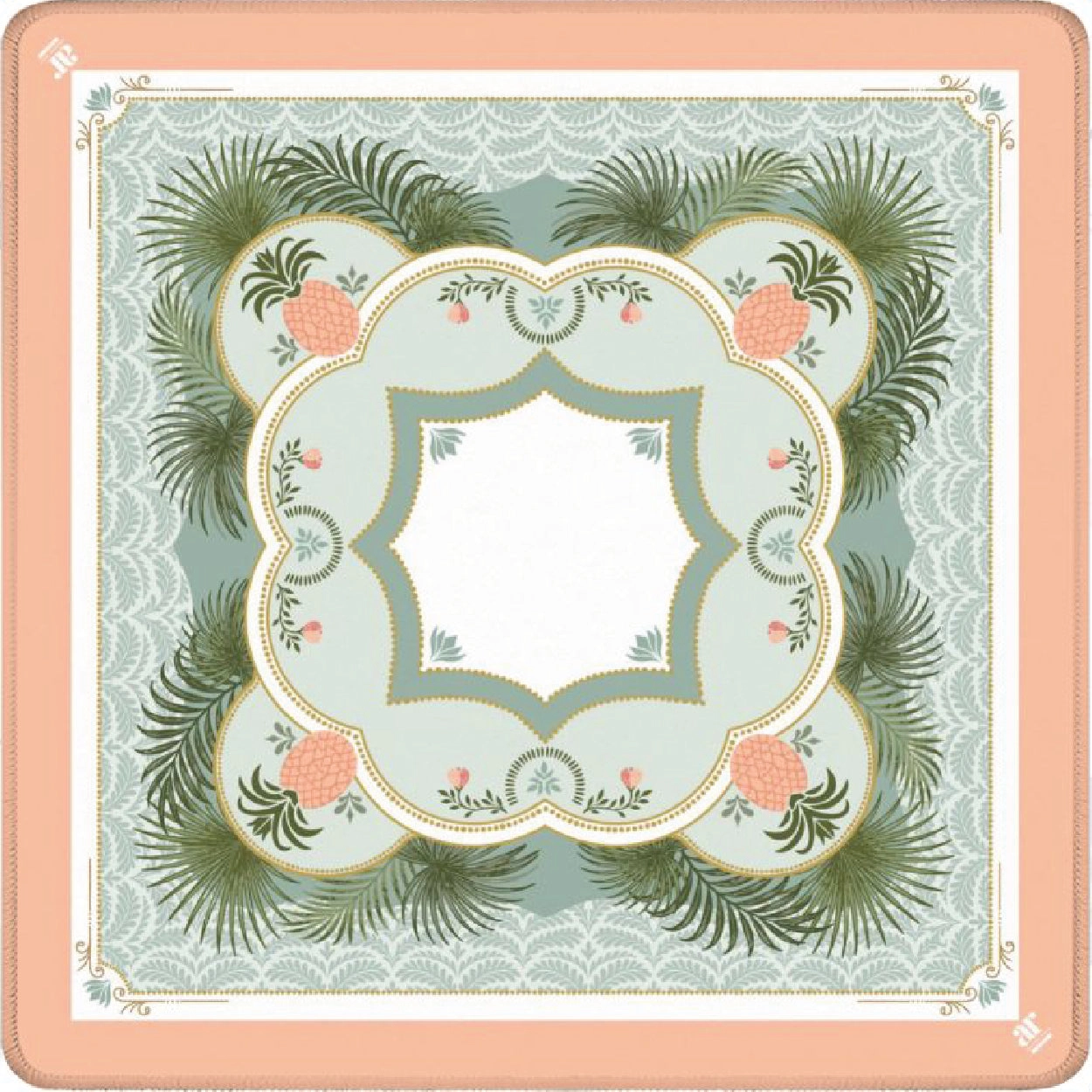 Pineapple Palms mahjong mat with coral pineapples, palm fronds, and an ornate medallion on a peach border