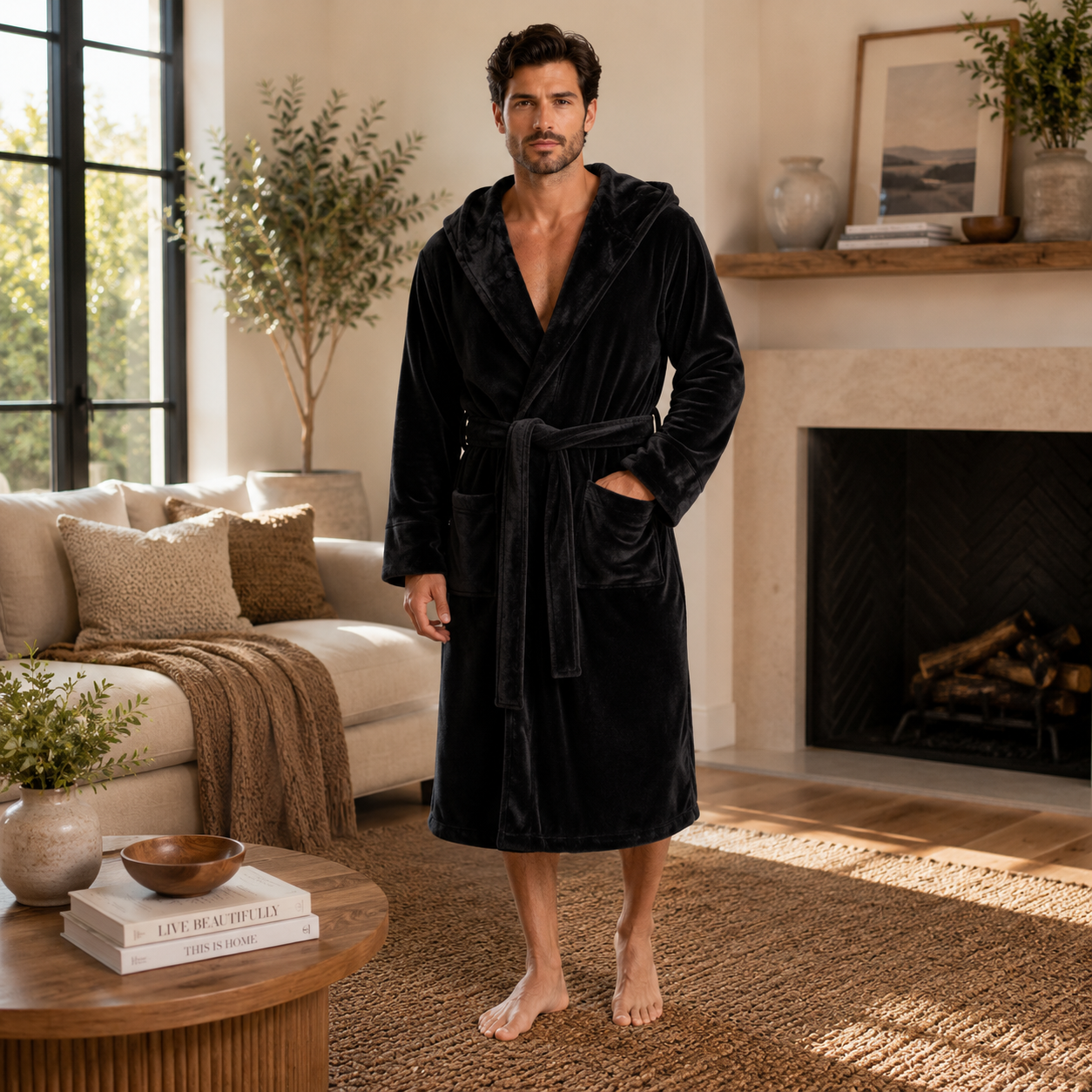 Hooded Plush Bathrobe for Men