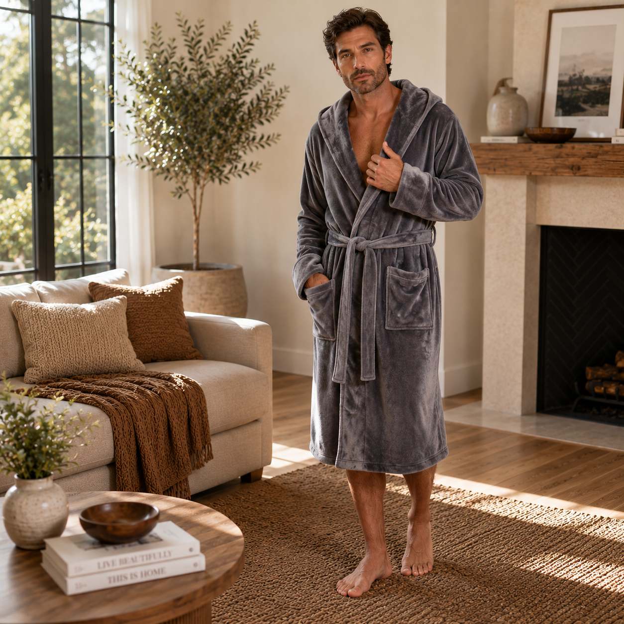 Hooded Plush Bathrobe for Men