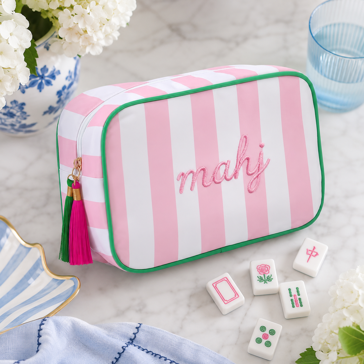 Mahjong Tile Storage Bag Pink and White Stripe with Tassle