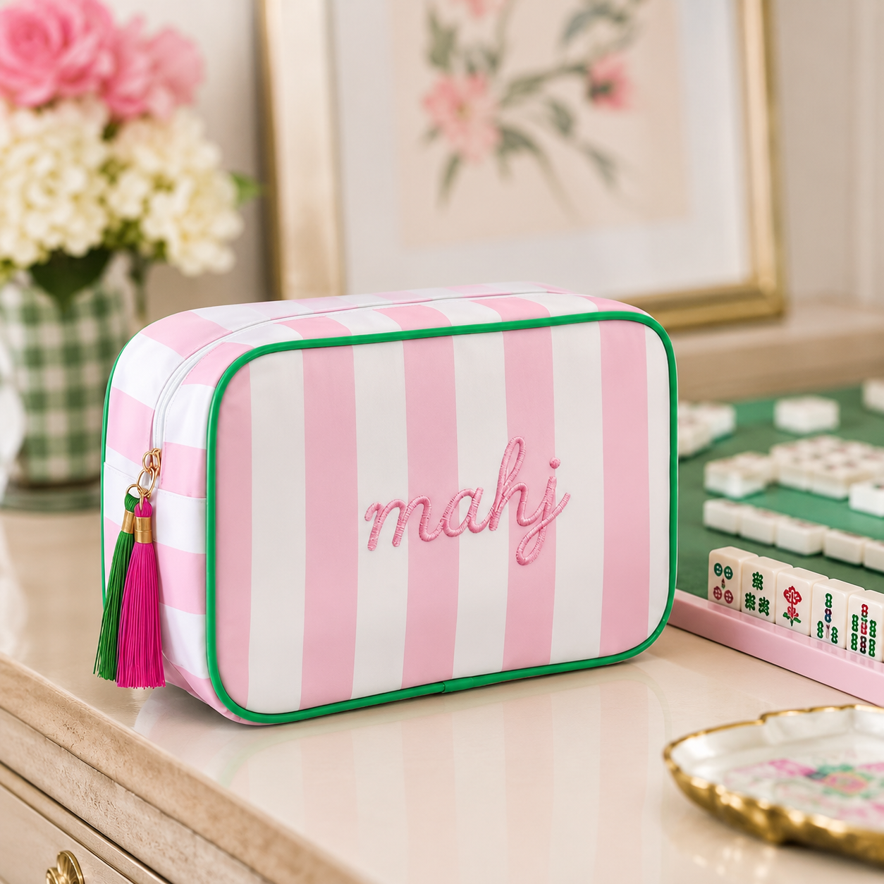 Mahjong Tile Storage Bag Pink and White Stripe with Tassle