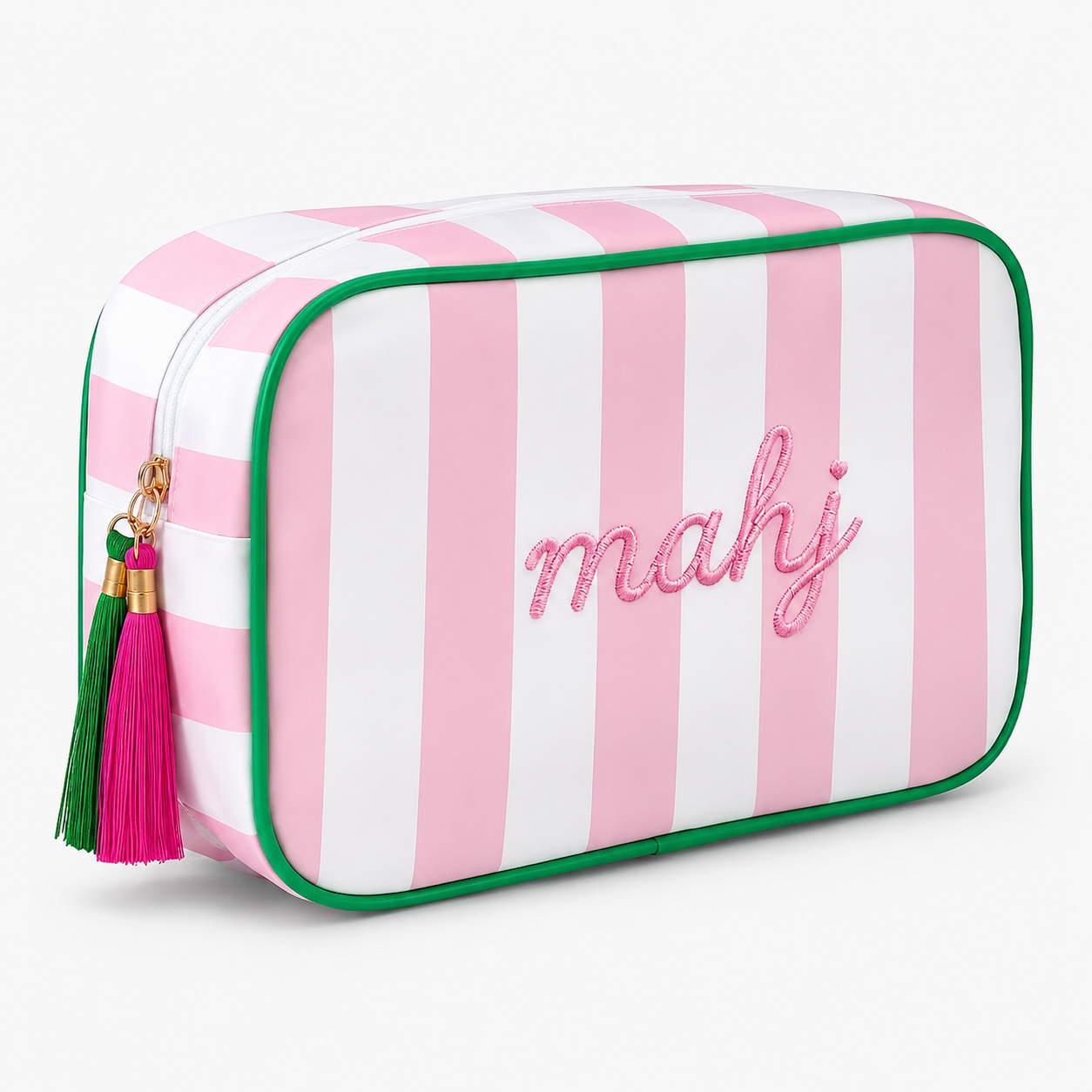 Pink & White Stripe Mahjong Tile Storage Bag with Tassel