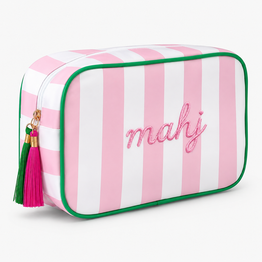 Mahjong Tile Storage Bag Pink and White Stripe with Tassle
