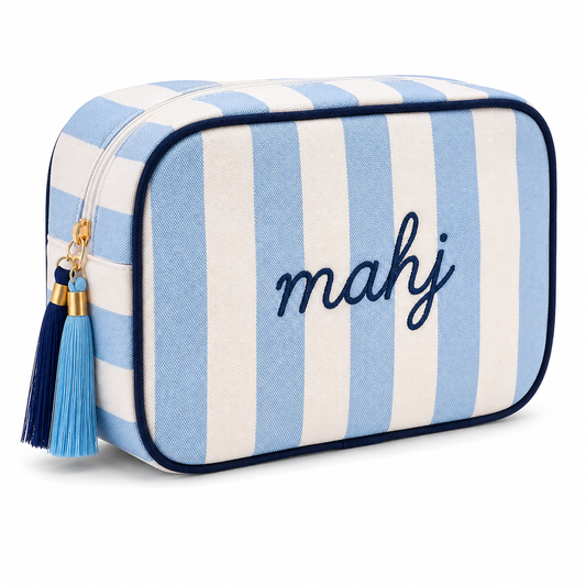 Mahjong Tile Storage Bag Blue and White Stripe with Tassle