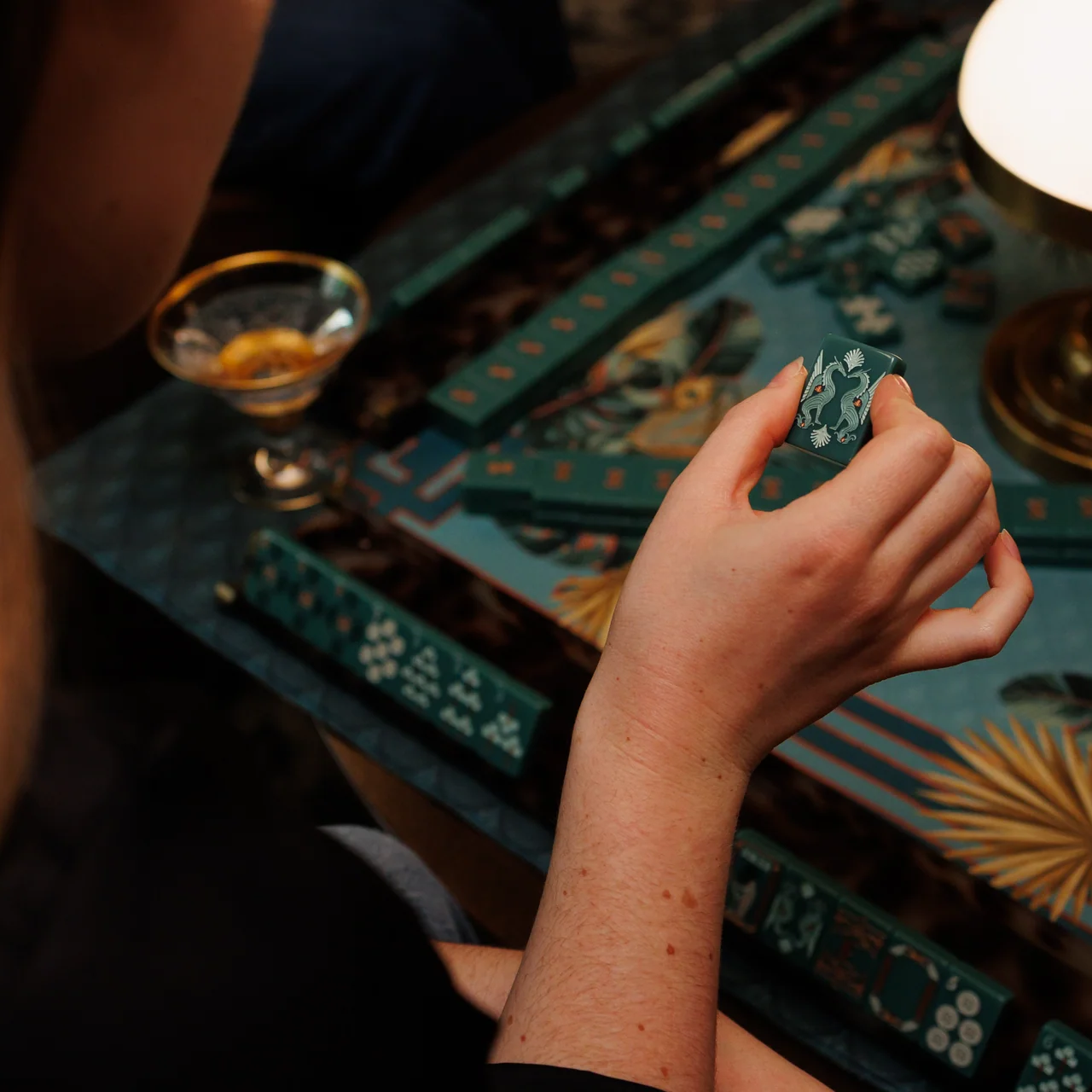 Green Light Gatsby American mahjong tiles — etched, hand paint-filled artwork