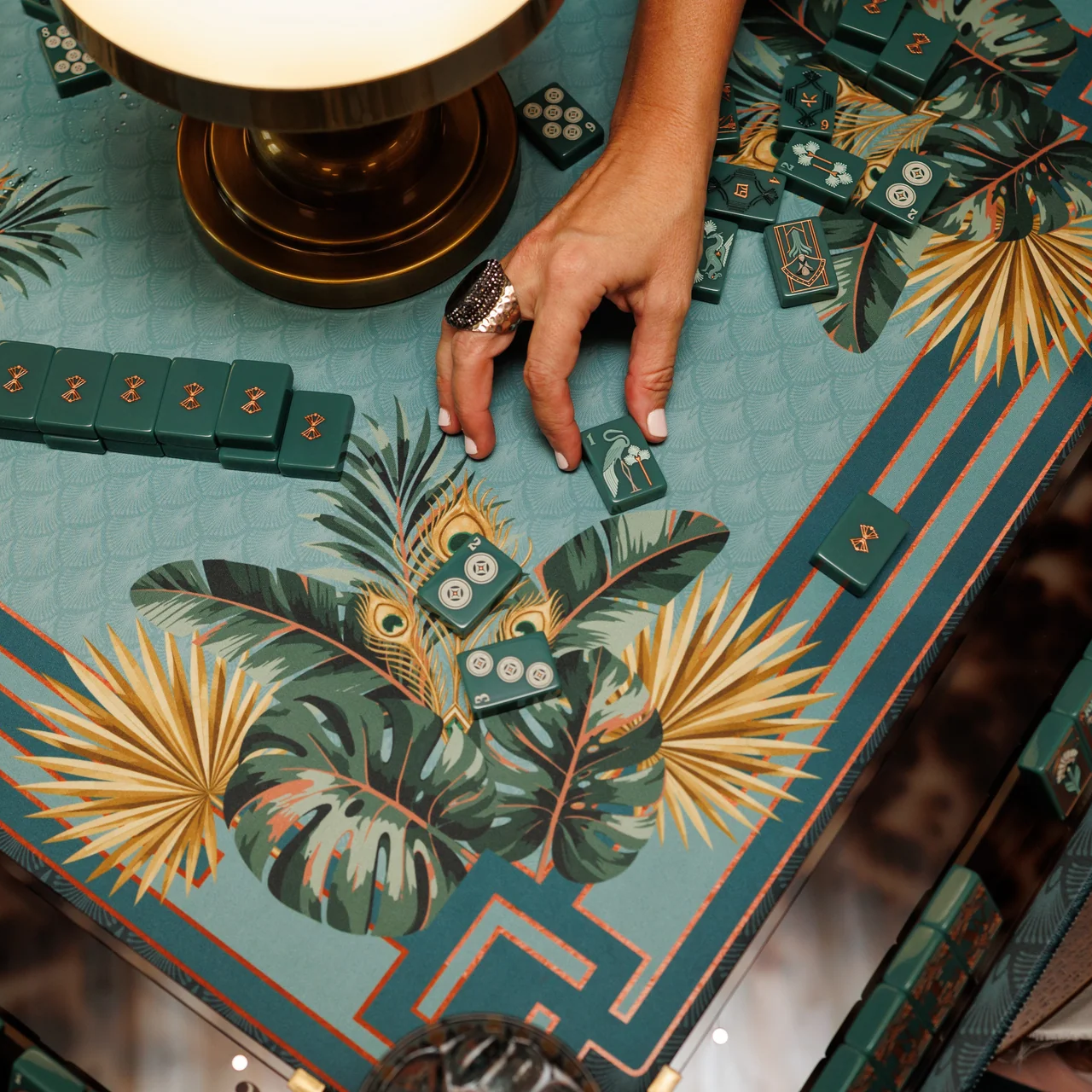 Green Light Gatsby tile set in its coordinating leather storage case