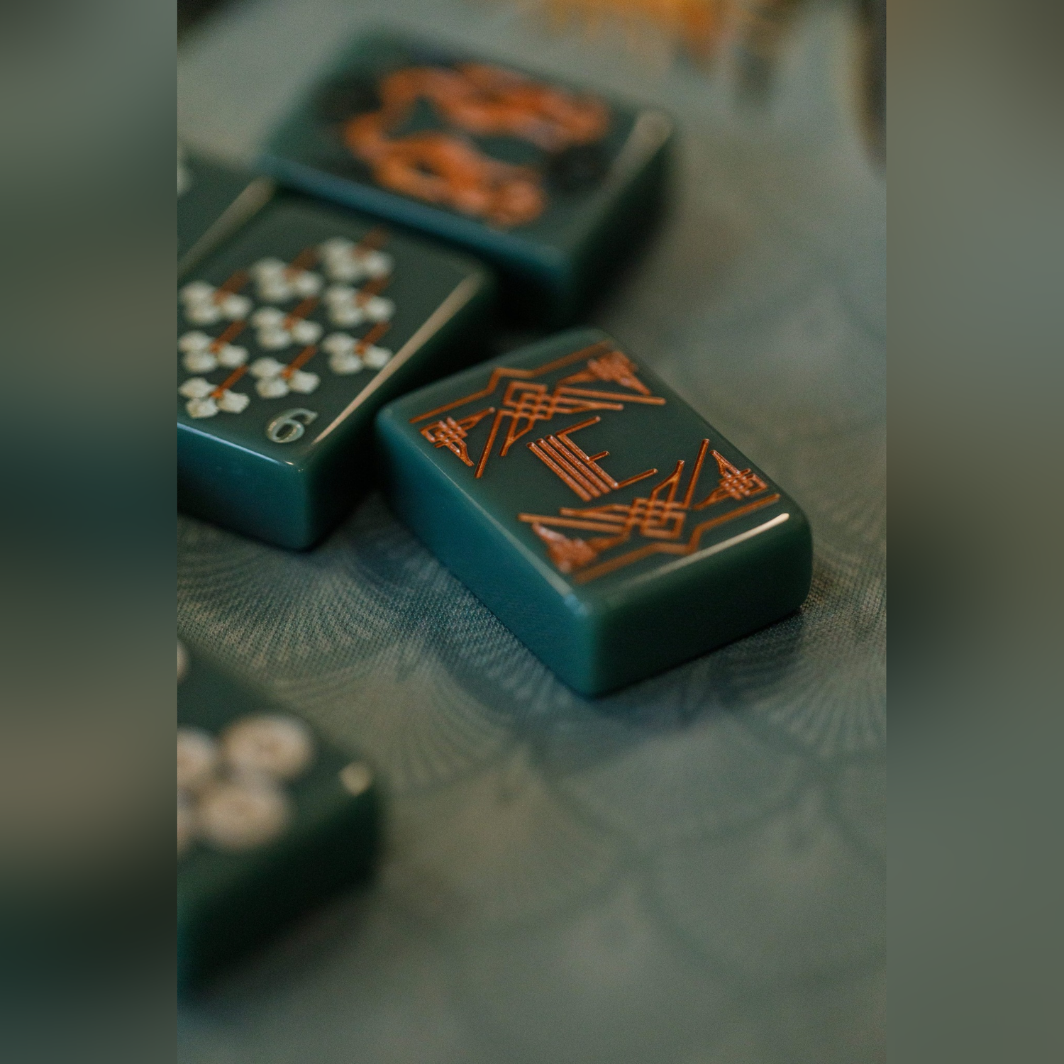 Green Light Gatsby mahjong set with coordinating dice set and pouch