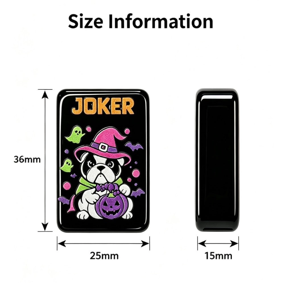 Spooky Halloween mahjong tile measurements — 1.42 inch black acrylic tile with bulldog joker artwork