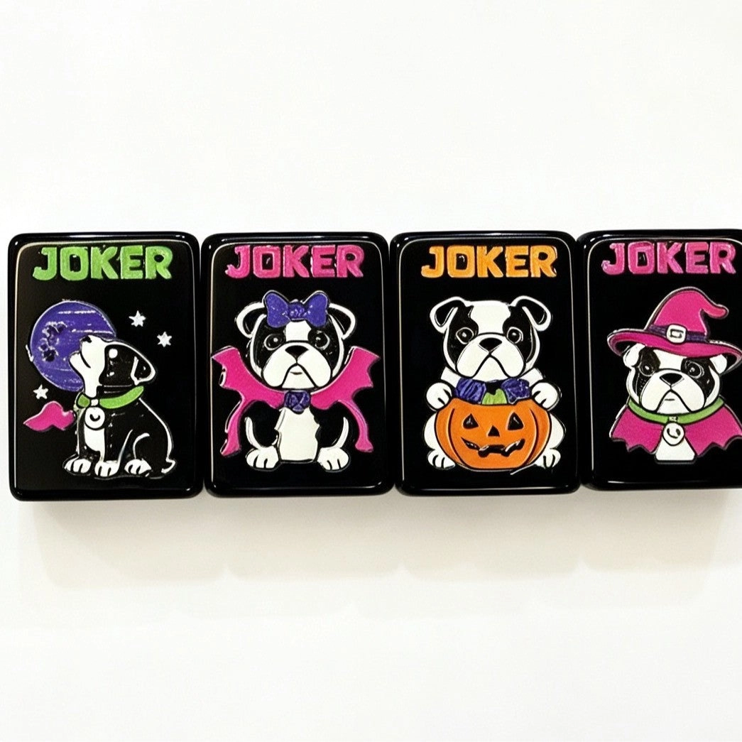 Spooky Halloween mahjong joker tiles — bulldogs in vampire, bat, pumpkin, and witch costumes