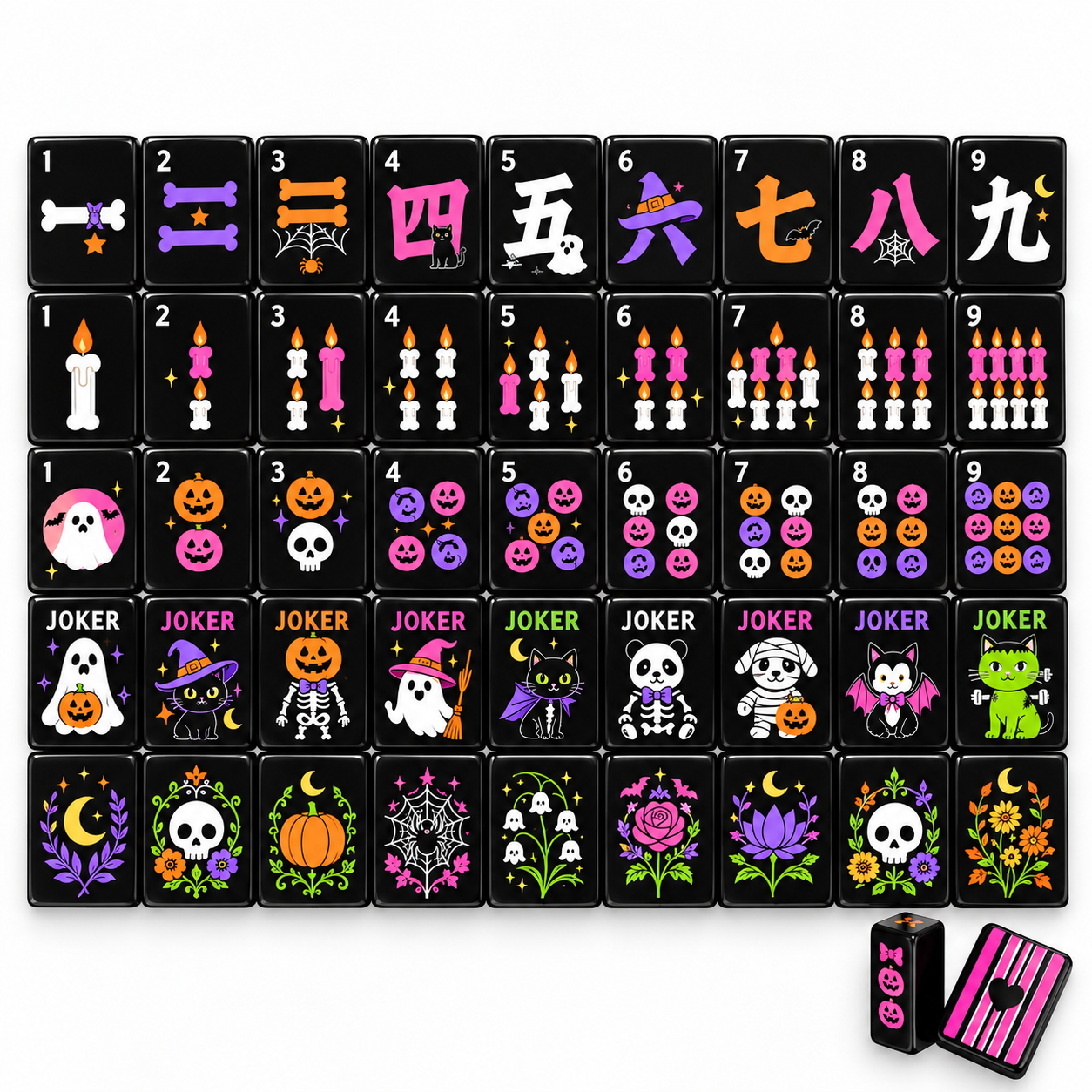 Spooky Halloween mahjong tile faces — bones, candles, ghosts, pumpkins, and costumed character jokers