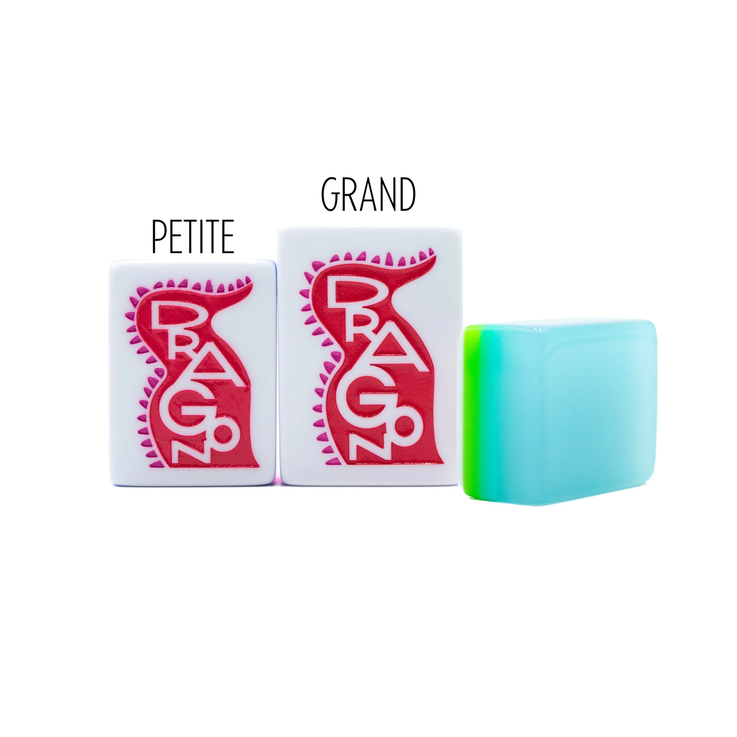 "Something To Say" mahjong tile size comparison — Petite vs Grand red dragon word-art tiles with turquoise tile back