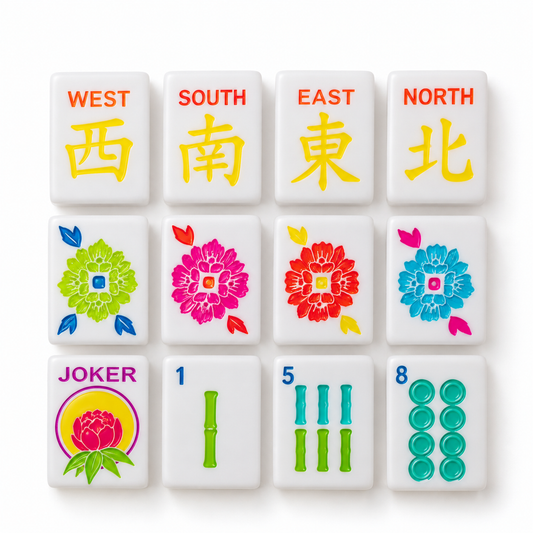 Ice Blue travel mahjong tiles showing winds, flower tiles, joker, bams and dots in bright colors