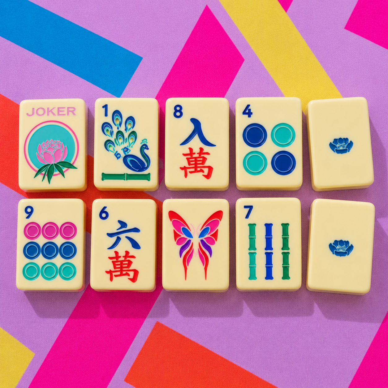 Butter Yellow travel mahjong tiles close-up showing joker, peacock bam, craks, dots and butterfly tiles