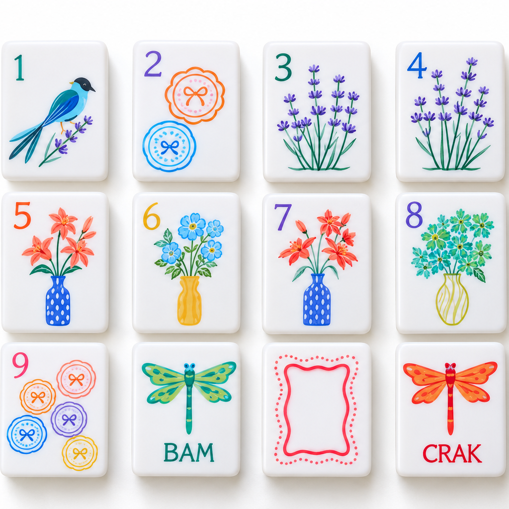 The Ladies From The 20s mahjong tiles close-up — songbird, medallion dots, lavender bams, vase flowers and dragonfly dragons