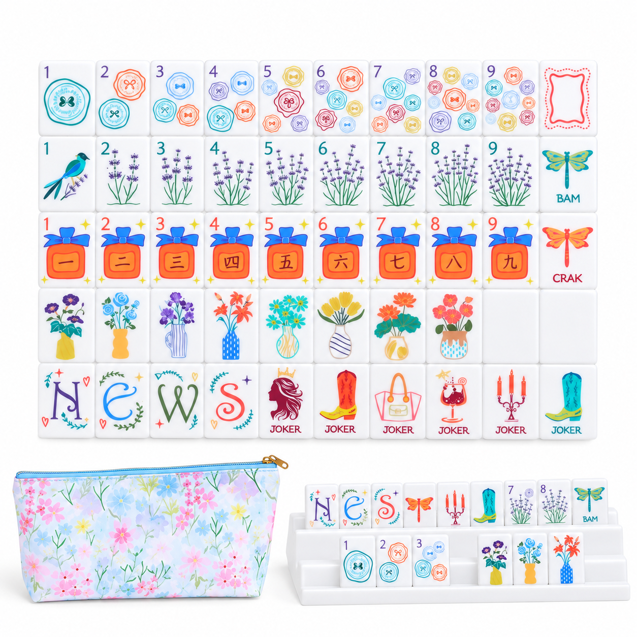 The Ladies From The 20s travel mahjong set — tiles, zippered floral storage bag and tiles on rack