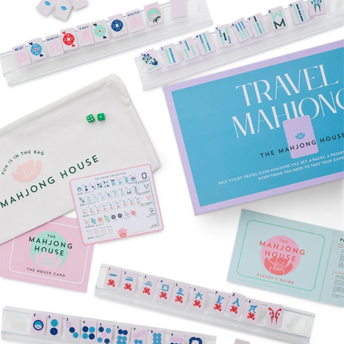 Lavender Travel Mahjong Set flat lay with box, canvas travel bag, guides, racks and dice