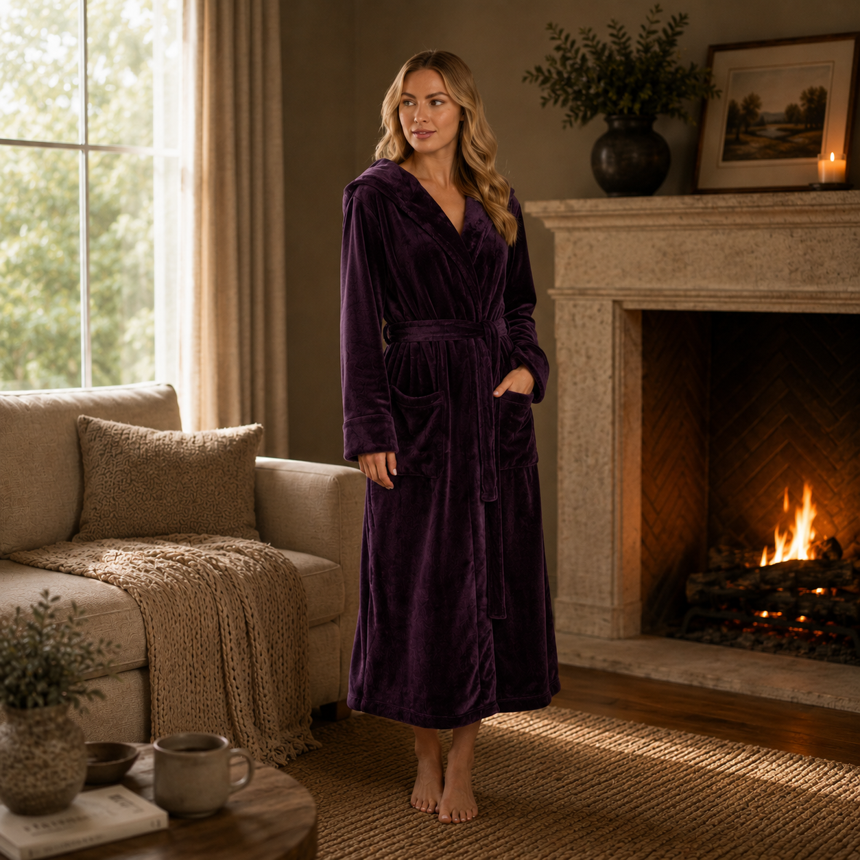 Hooded Plush Bathrobe for Women