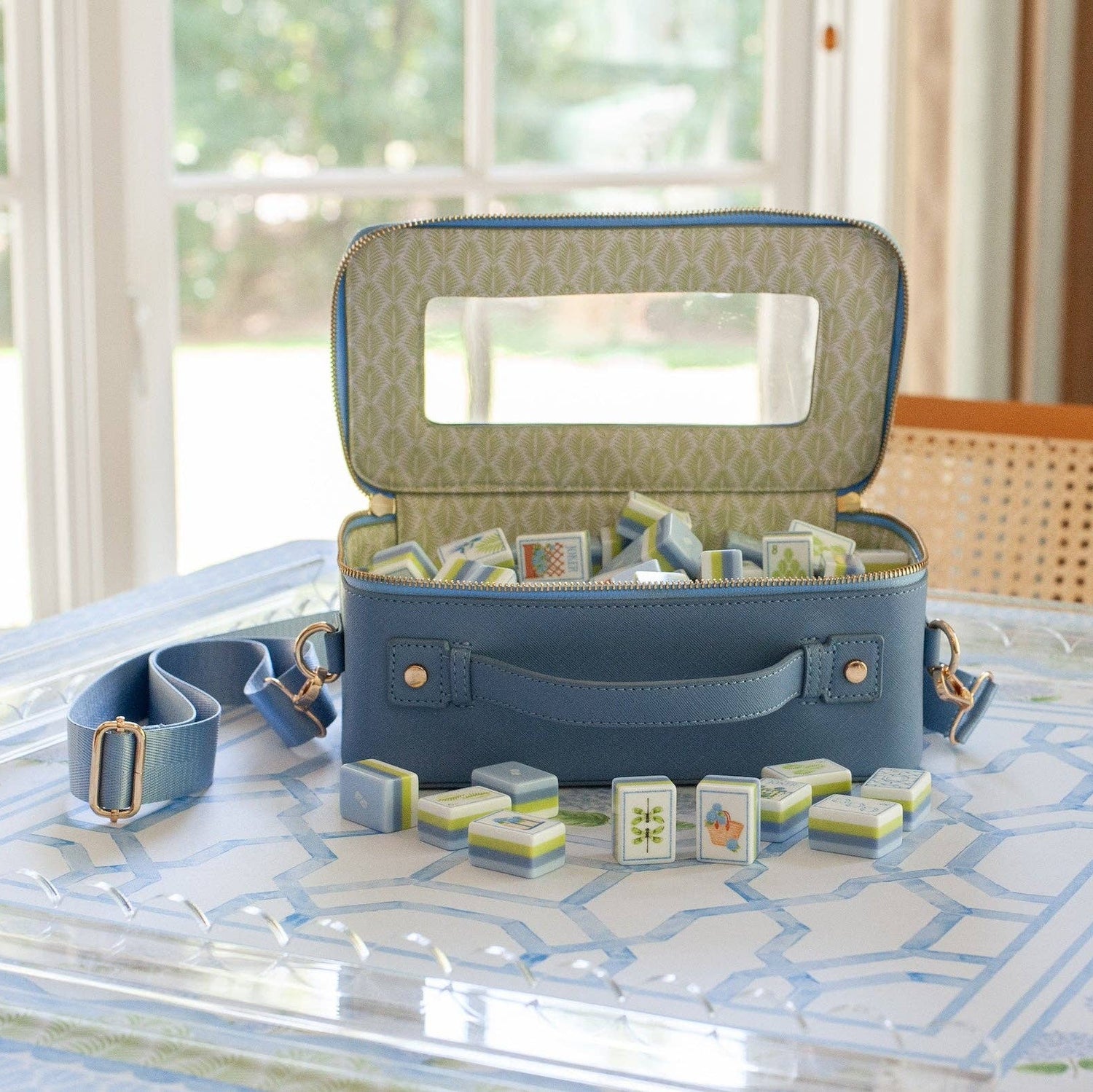 The House of Hydrangea mahjong tile set storage case — blue keepsake case with soft gold hardware