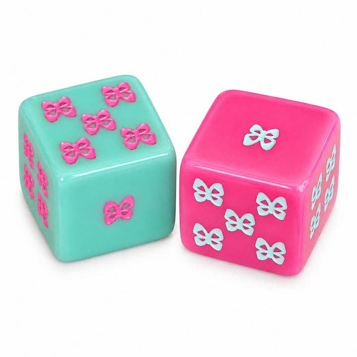 Mahj in Bloom mahjong dice — aqua and pink dice with butterfly pips