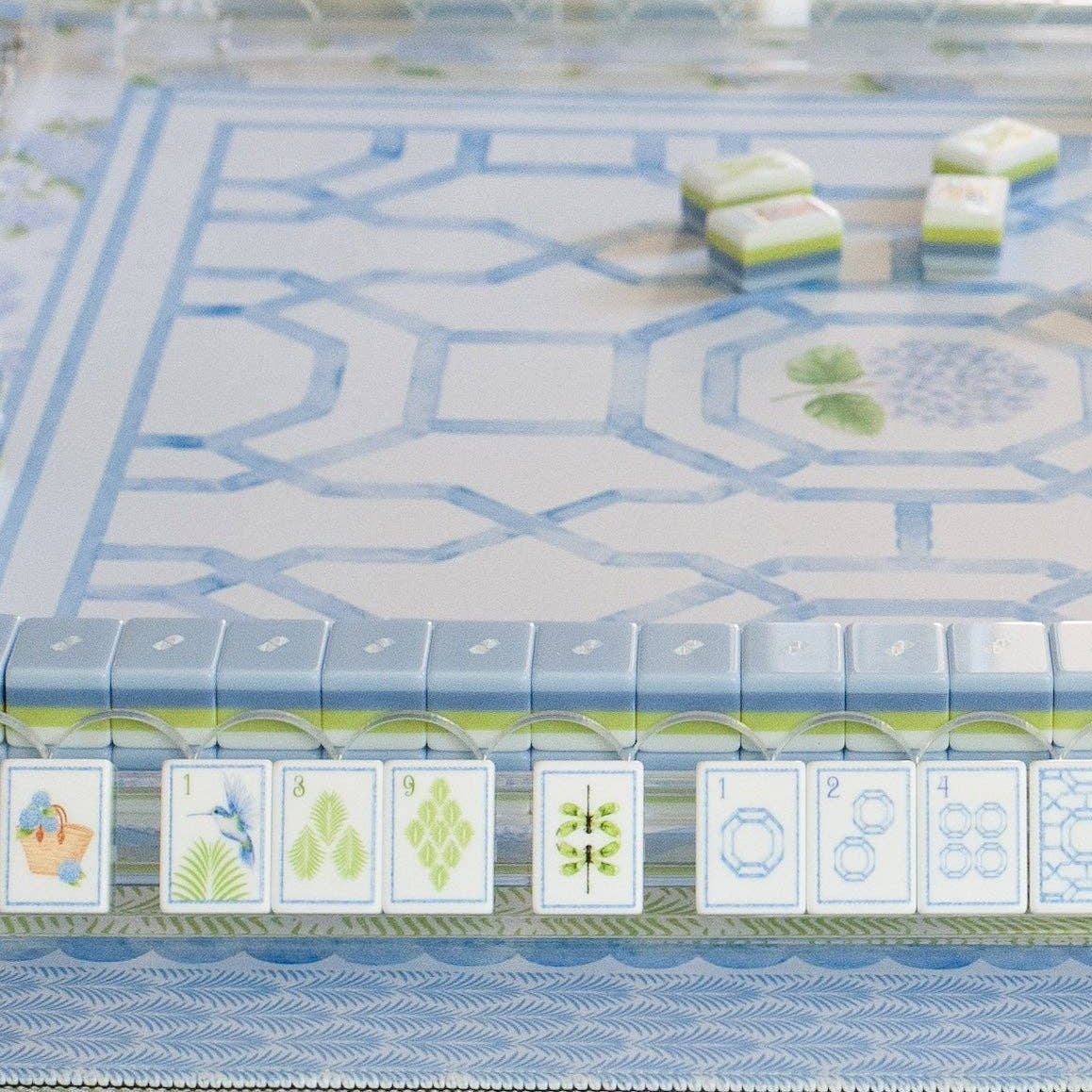 House of Hydrangea mahjong flower tiles on a rack — hand-illustrated floral American mahjong set