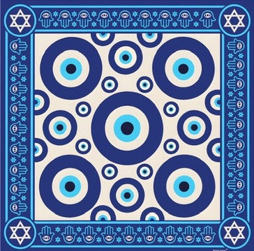 Evil Eye mahjong mat flat lay with Star of David corners and hamsa border